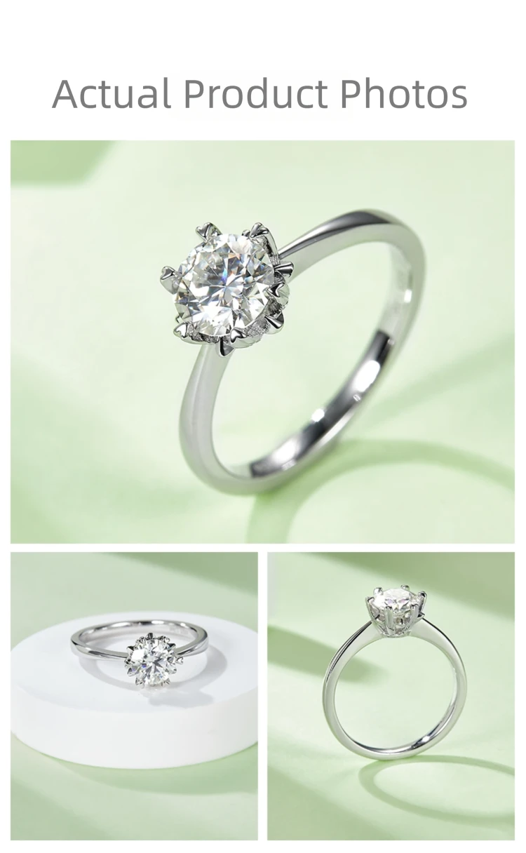 Multi-angle photos of lab grown diamond engagement ring, showcasing setting and band design