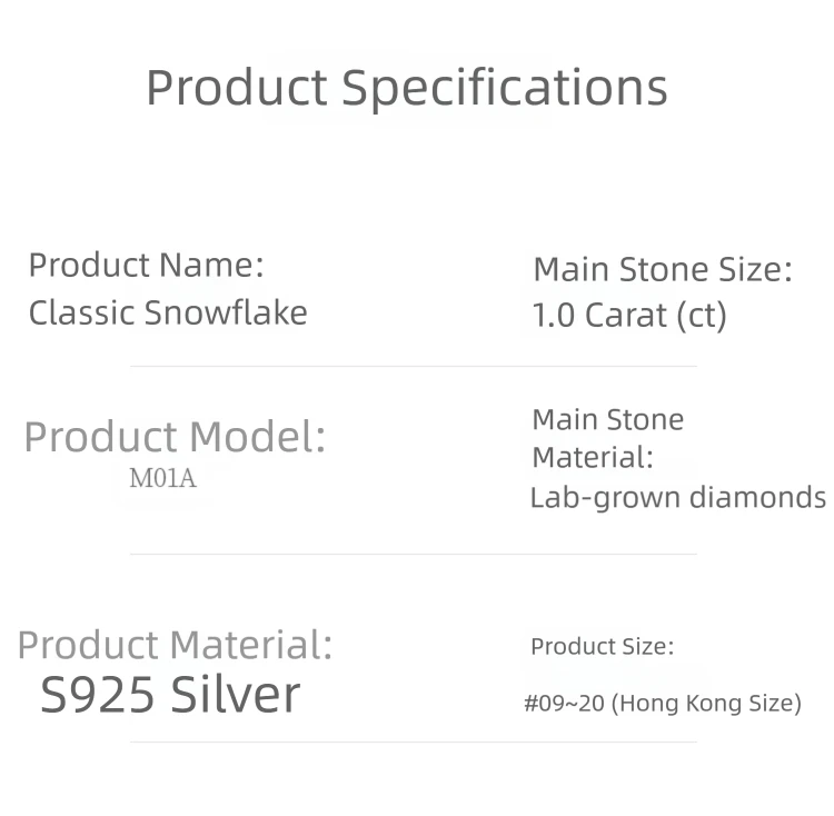 Lab grown diamond ring specifications, 1ct stone in S925 silver, Classic Snowflake design
