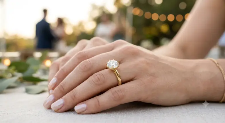 A stunning 1 carat lab-grown diamond ring for engagement featured in a classic 6-prong 18K gold custom setting with 3EX ideal cut brilliance.
