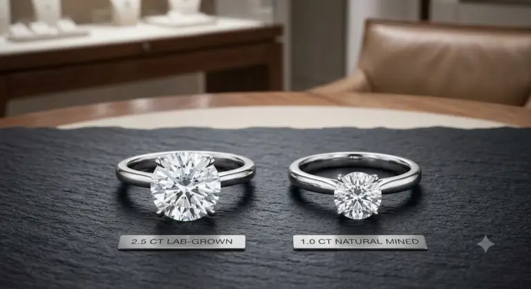 Visual size comparison between a 2.5 carat lab-grown diamond and a 1.0 carat natural mined diamond.