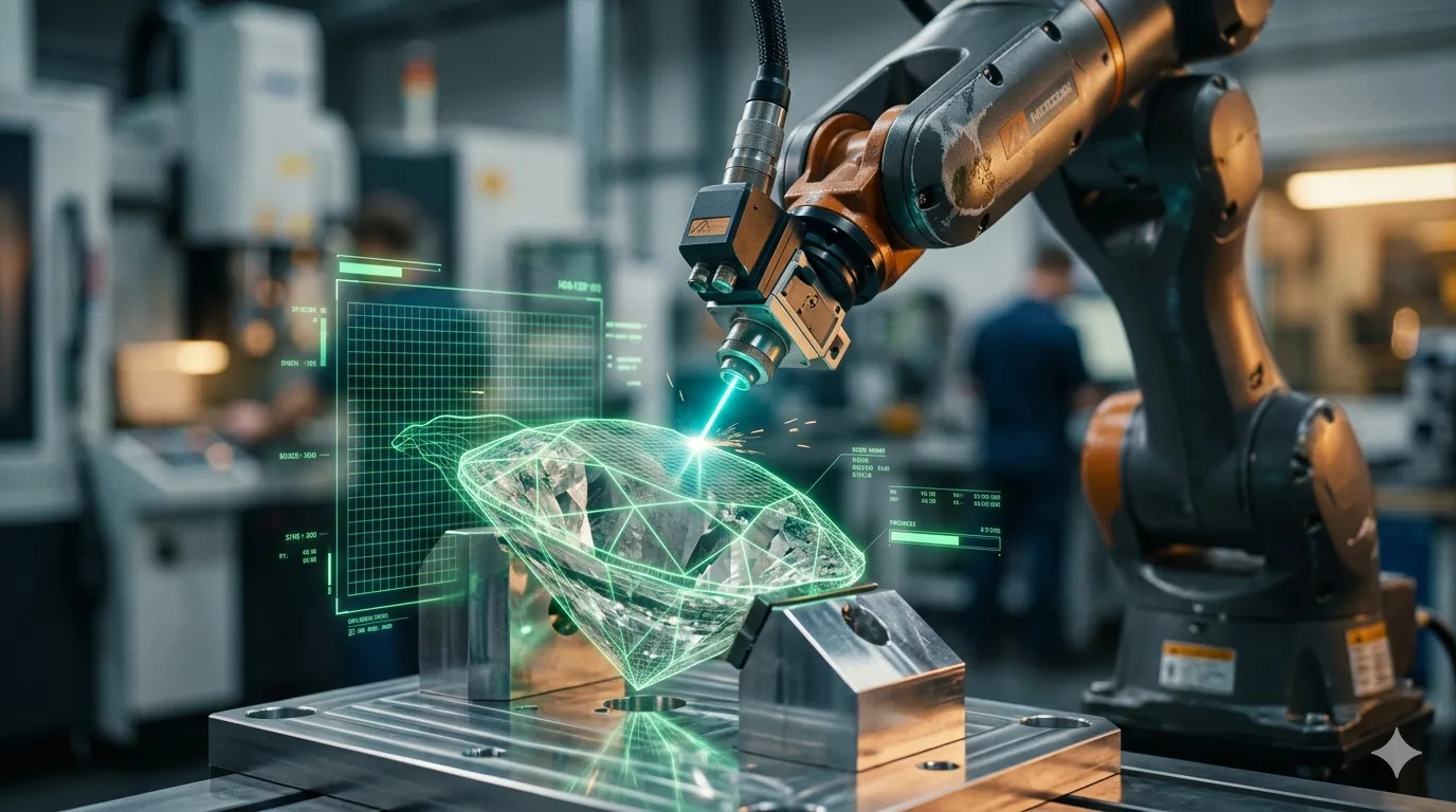Smart jewelry manufacturing utilizing AI vision scanning and a robotic arm for advanced lab-grown diamond supply chain cutting and polishing.