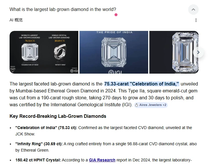 Screenshot of Google search results for “What is the largest lab-grown diamond in the world?”