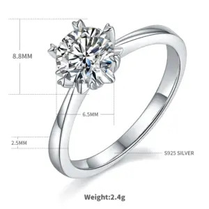 1 Carat Round Solitaire Lab Grown Diamond Ring Sterling Silver 6 Prong
