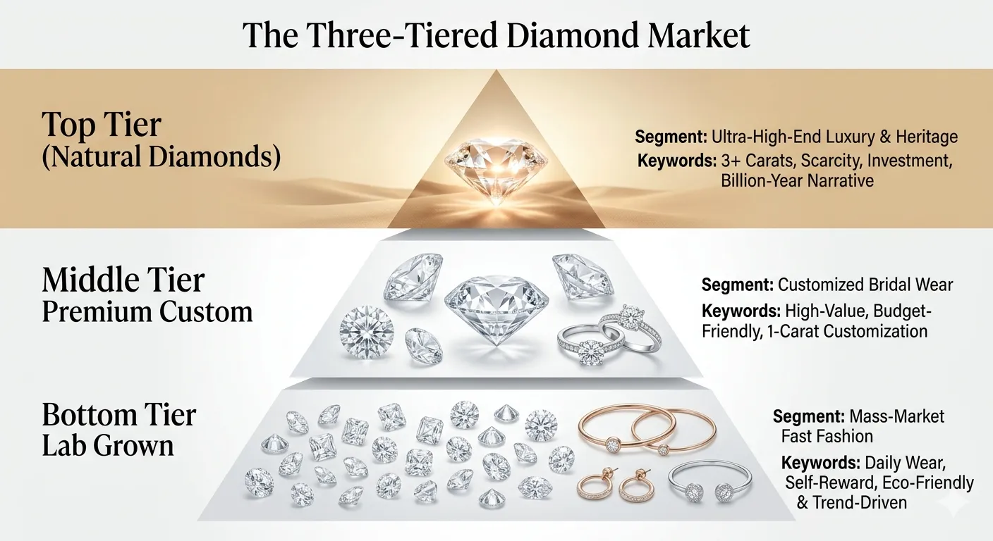 Market segmentation diagram illustrating future lab grown diamond price trends and natural diamond luxury tiers.