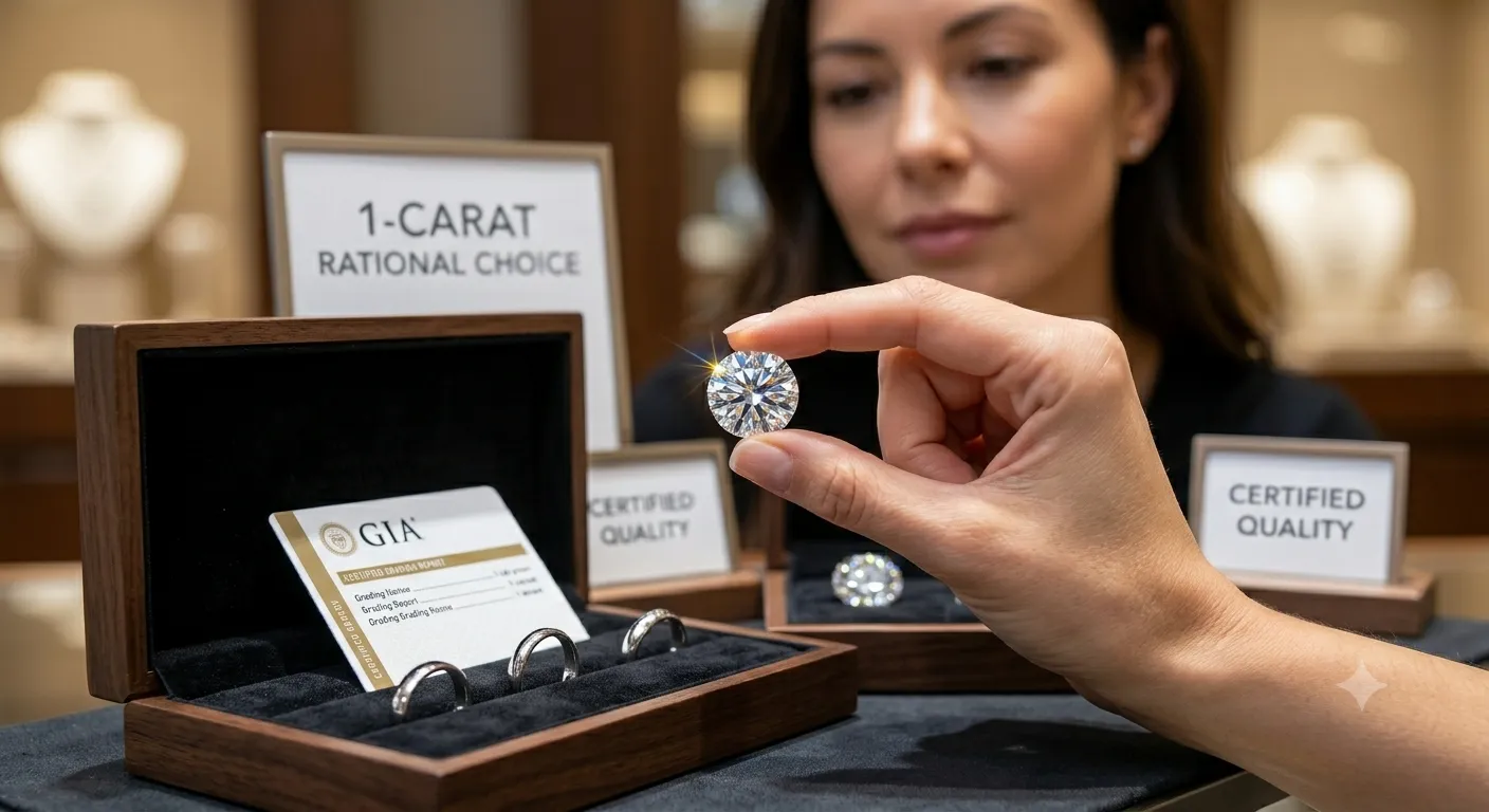 A woman holding a minimalist 1-carat brilliant-cut synthetic diamond engagement ring in an American jewelry store.