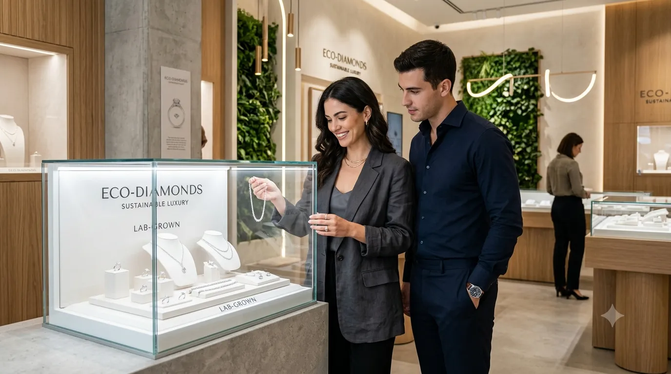 Do Rich People Buy Lab DiamondsYoung wealthy consumers exploring sustainable luxury lab-grown diamond jewelry in a high-end, modern boutique.