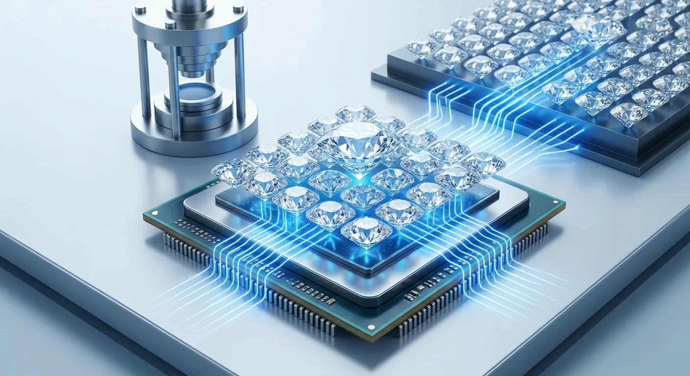 A close-up view showing a synthetic diamond heat sink integrated onto an AI processor chip, illustrating superior thermal conductivity for chip cooling through glowing blue pathways.
