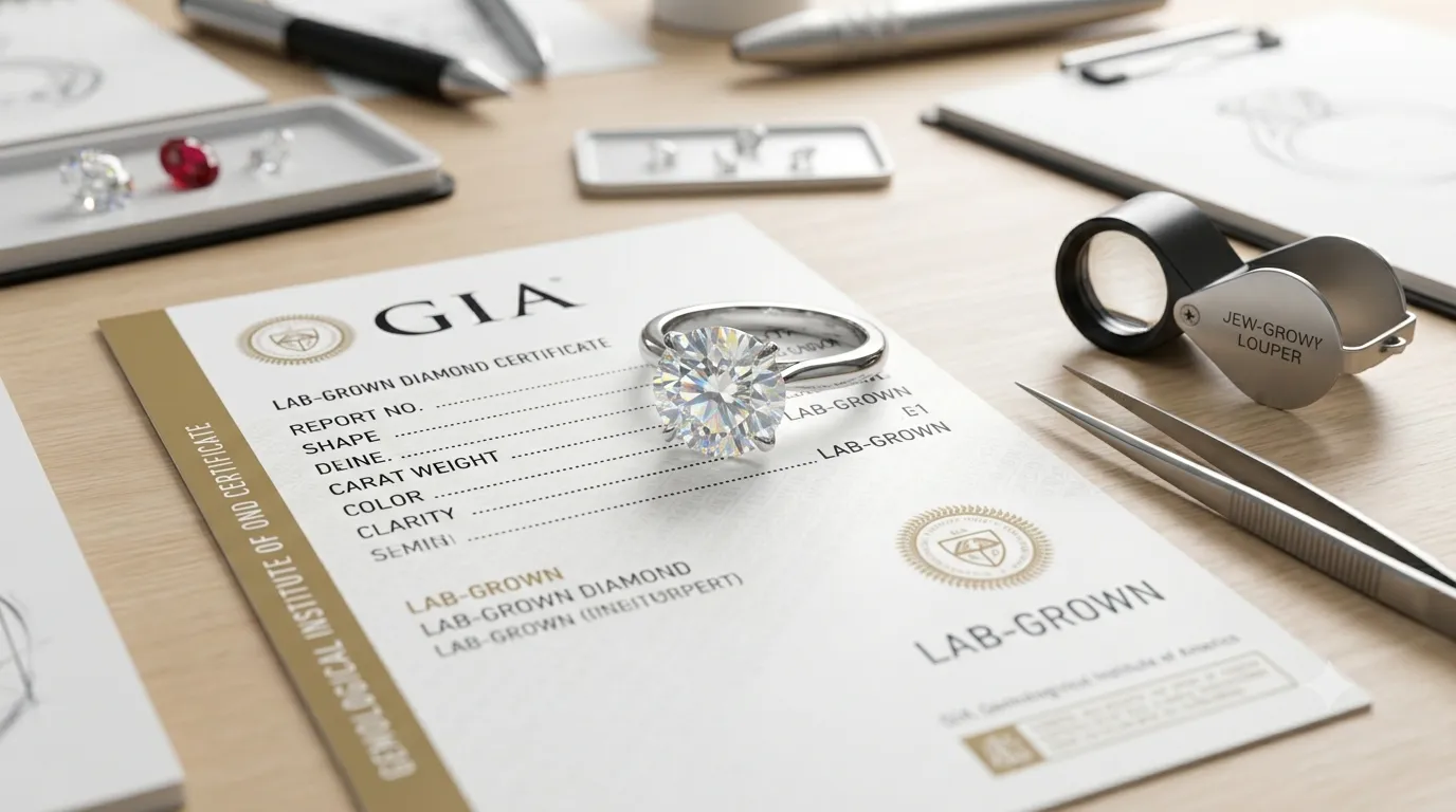 A official IGI grading certificate for a lab-grown diamond ring on a jeweler's desk, demonstrating market transparency and industry trust.