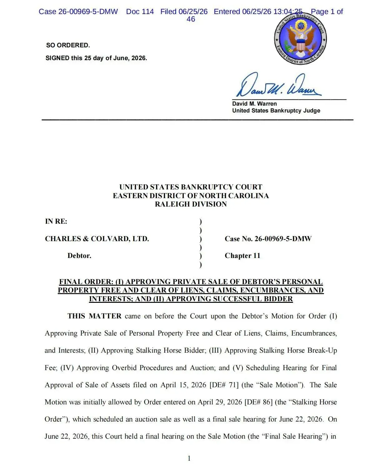 Charles & Colvard Chapter 11 bankruptcy court order approving asset sale 2026