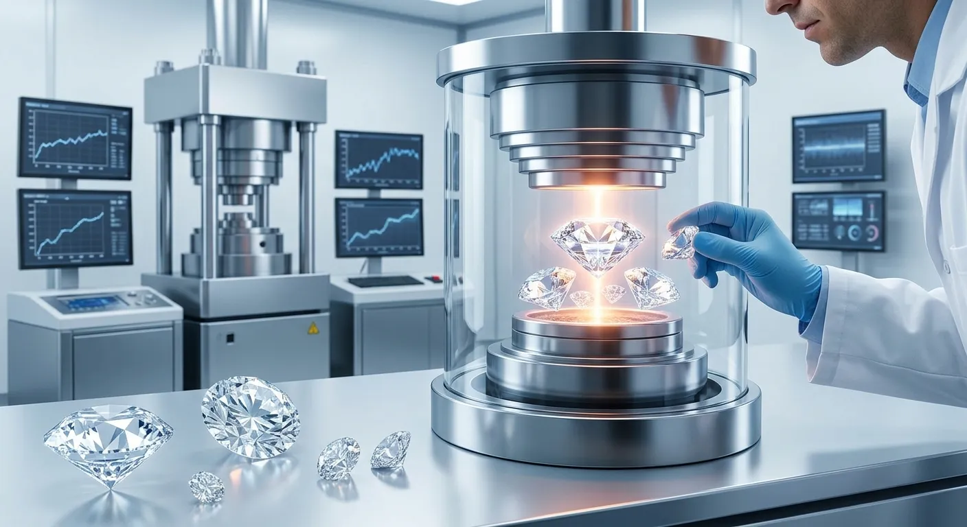 A researcher observes diamond crystal growth in a plasma CVD reactor within an advanced Chinese lab-grown diamond manufacturing facility, with HPHT cubic presses in the background.