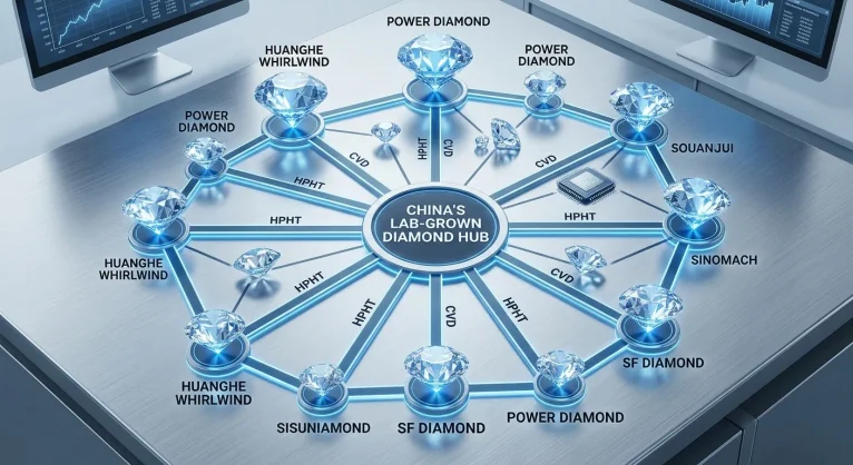 A conceptual visualization map linking glowing nodes representing China's top 10 lab-grown diamond manufacturers and their positions in the CVD, HPHT, and AI cooling supply chain.