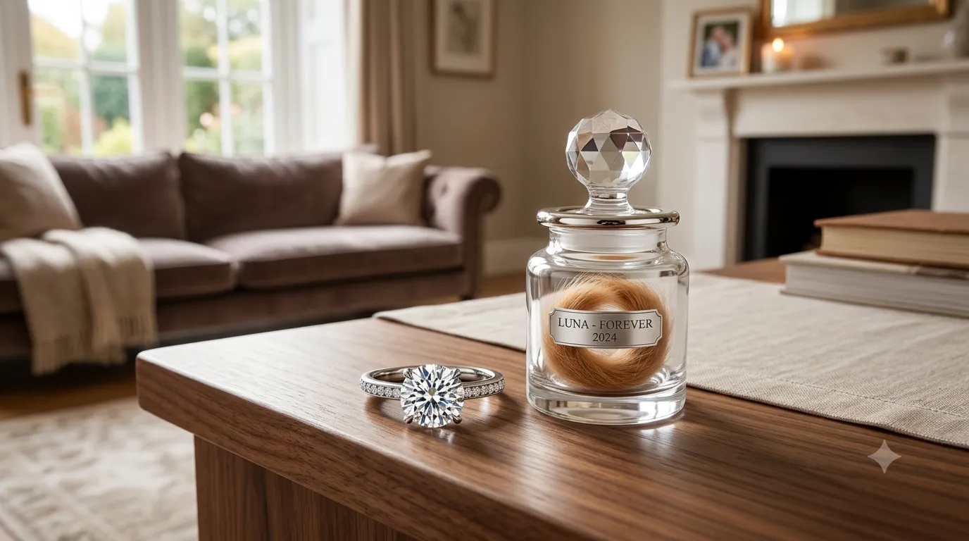 A custom-made memorial diamond ring created from pet hair, representing bespoke high-end diamond customization for affluent pet owners