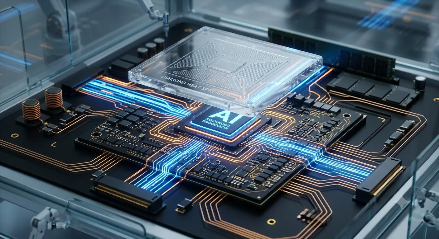 A high-tech image showcasing the application prospects of lab-grown diamonds in the field of AI semiconductor thermal management