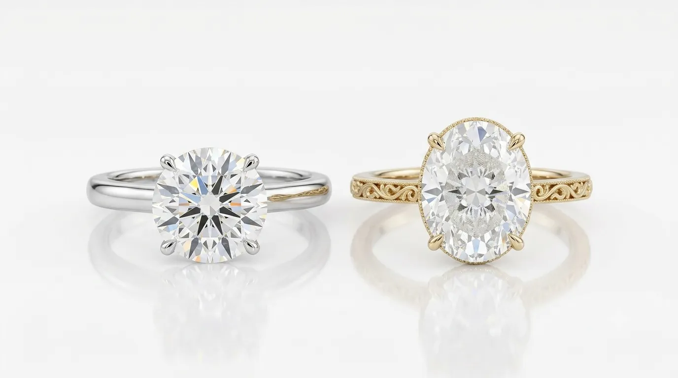 Comparison of round natural diamond solitaire ring and oval lab-grown diamond cluster ring
