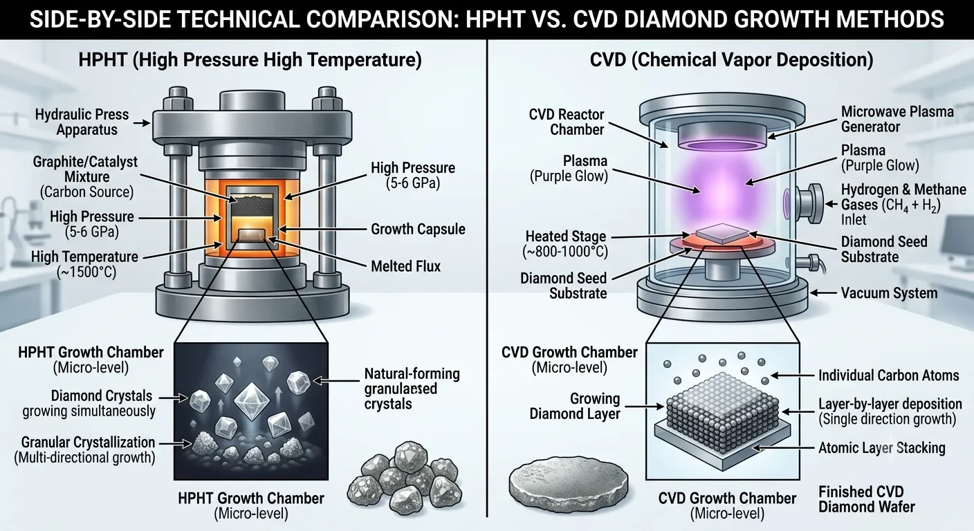 A side-by-side technical comparison of HPHT vs CVD diamond growth methods, showing granular crystallization under high pressure and layer-by-layer vapor deposition in a vacuum chamber.