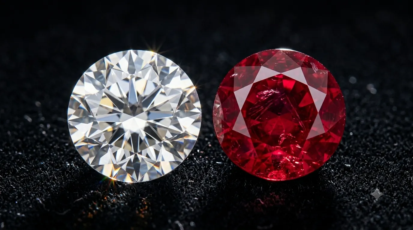 A close-up view showing the flawless internal clarity of a lab-grown diamond compared to the unique natural inclusions inside a real ruby.