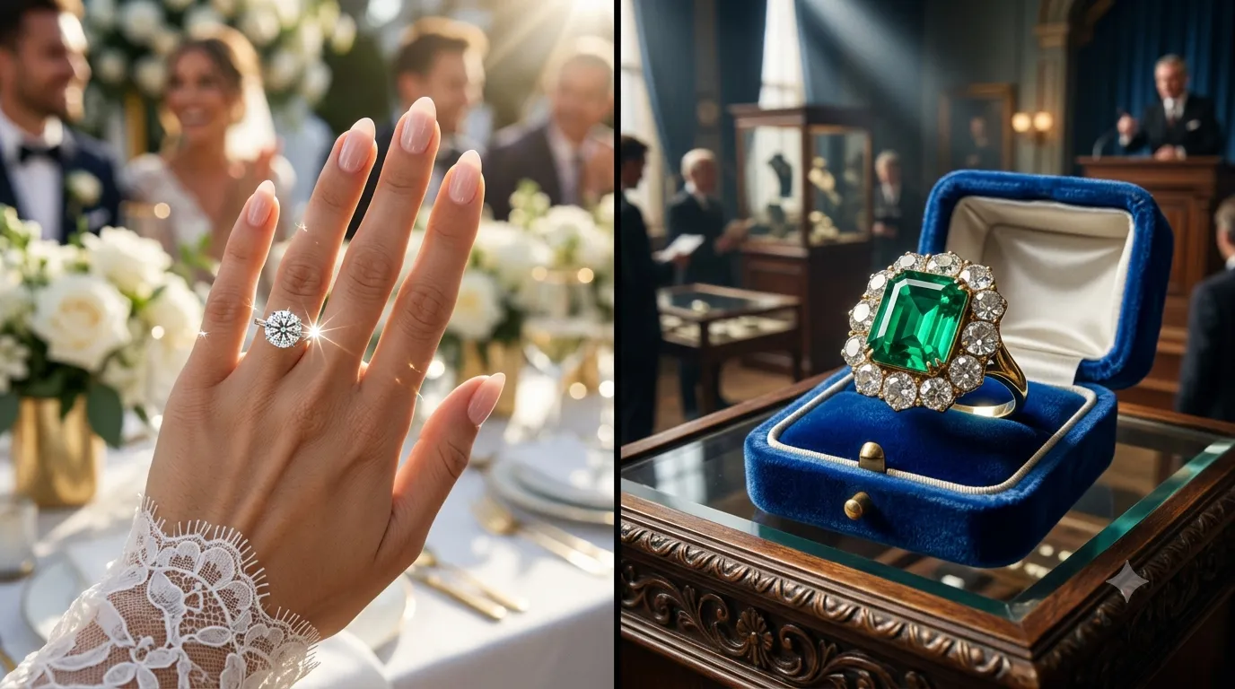 A close-up view showing the flawless internal clarity of a lab-grown diamond compared to the unique natural inclusions inside a real ruby.