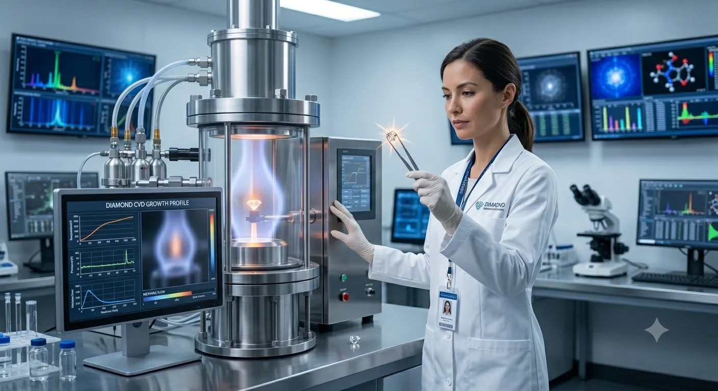 A female gemologist examines a lab-grown diamond