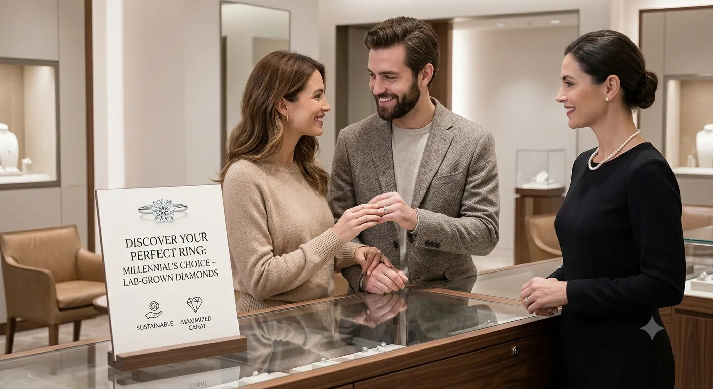 A young millennial couple choosing a custom lab-grown diamond engagement ring.