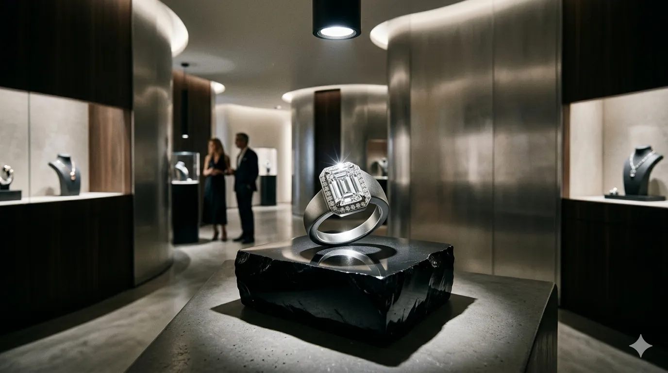 Premium exhibition of independent lab-grown diamond brands featuring an avant-garde diamond ring on a minimalist luxury display plinth.