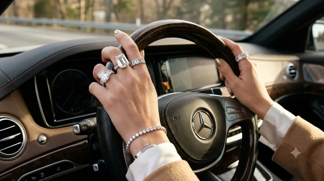 A wealthy woman wearing large-carat lab-grown diamond rings and a tennis bracelet while driving a luxury car, showcasing daily fashion versatility.