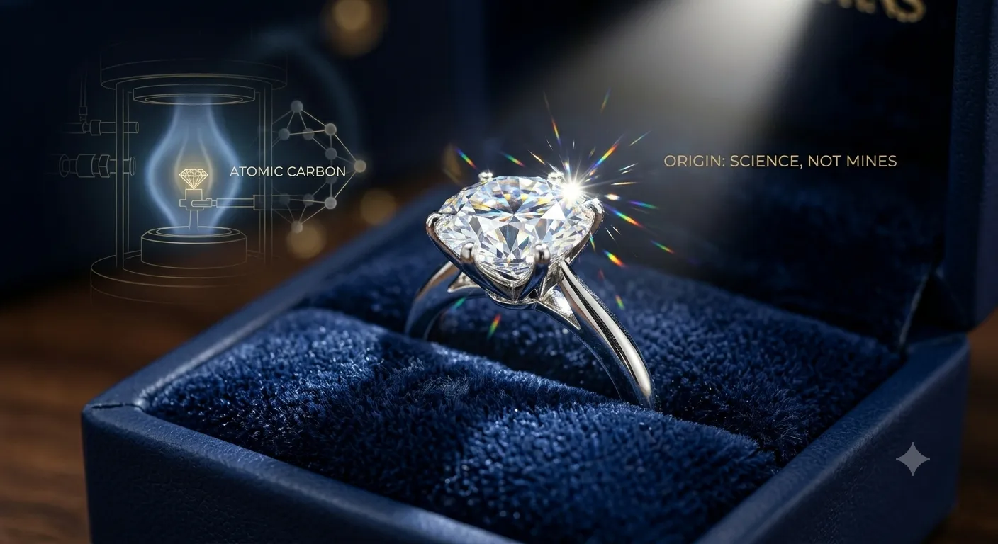 A luxury macro close-up of a flawless 2-carat round brilliant-cut lab-grown diamond engagement ring